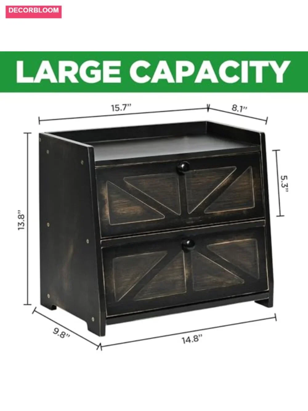 2-Tier Bamboo Bread Box for Kitchen Countertop Storage with Doors
